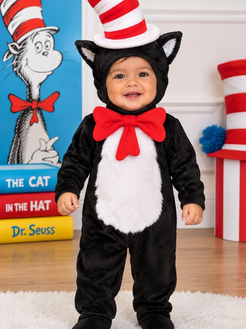 Classic Cat in the Hat Baby Costume - Black & White with Red Bow 12-18 Months